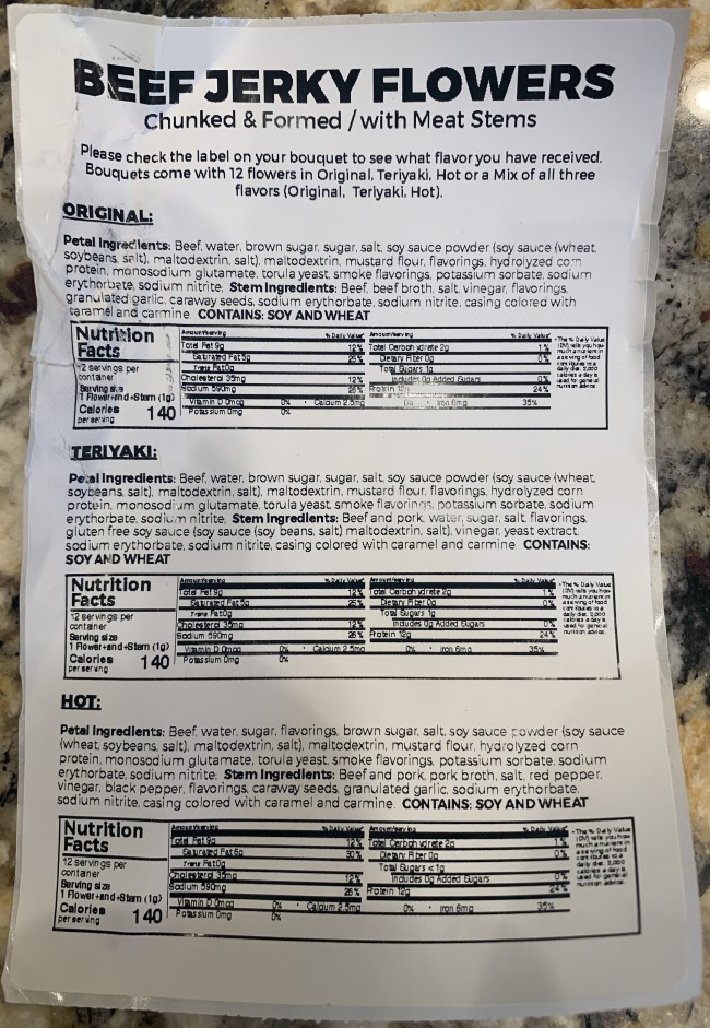 Manly Man Co Beef Jerky Bouquet Nutritional Information