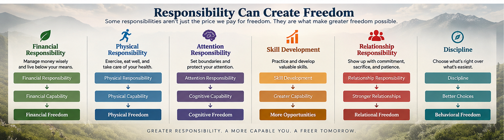 Greater responsibility can build greater capability, creating more freedom in areas such as finances, health, attention, skills, relationships, and daily choices.