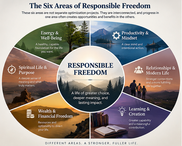 Responsible Freedom connects energy and well-being, productivity and mindset, relationships, learning and creation, wealth and financial freedom, and spiritual life and purpose.