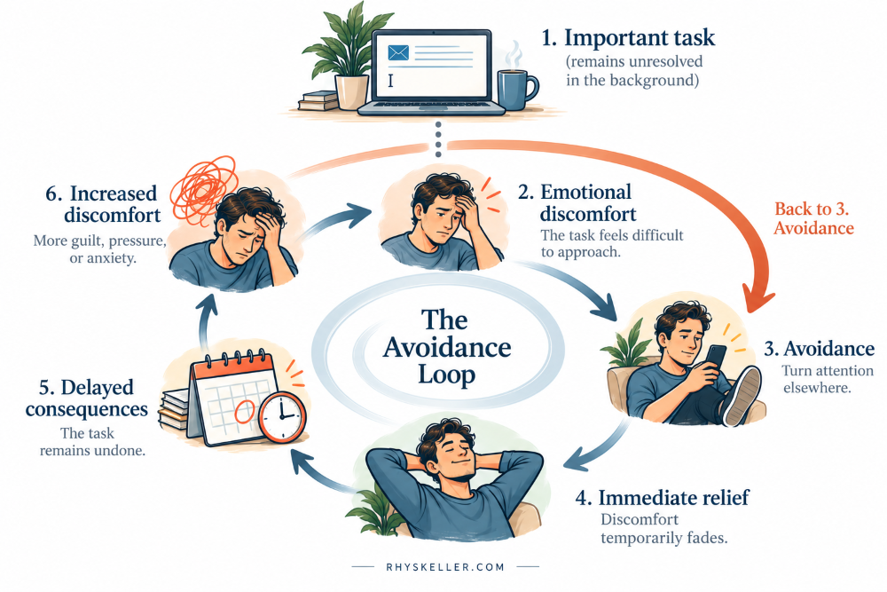 Infographic illustrating the avoidance loop: emotional discomfort leads to avoidance, immediate relief, delayed consequences, and increased discomfort, which leads back to avoidance while the original task remains unresolved.