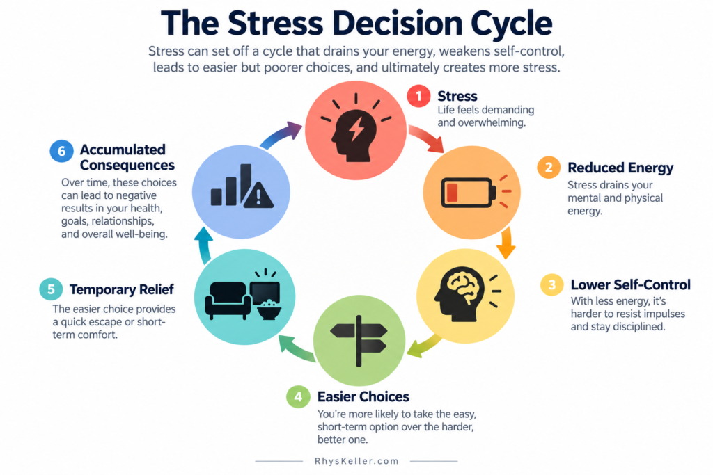 Infographic showing the cycle of stress, reduced energy, lower self-control, easier choices, temporary relief, and accumulated consequences.